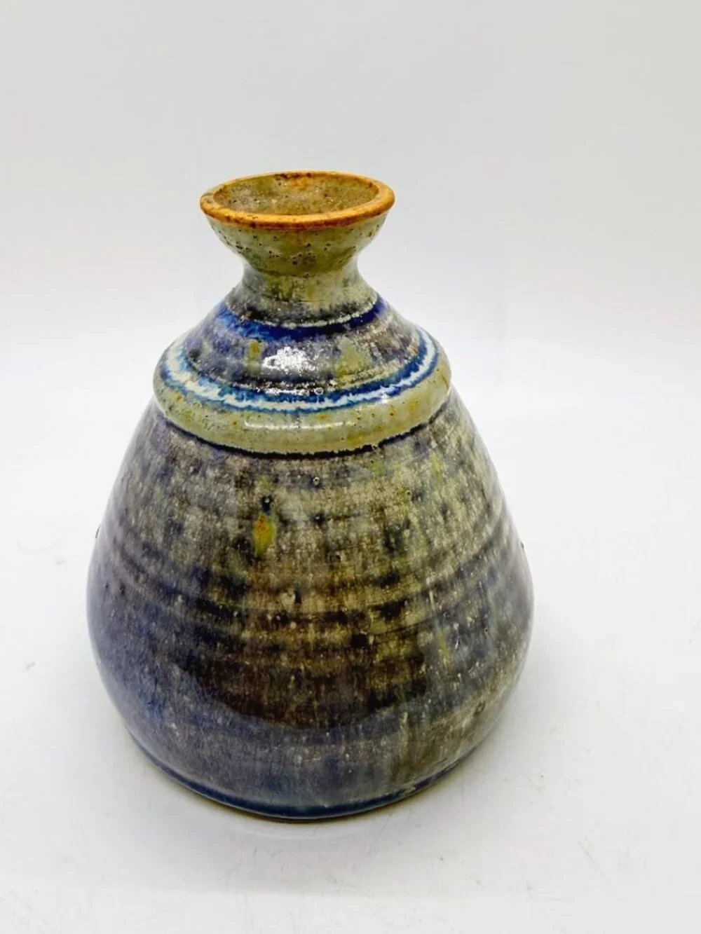 Studio Art Pottery Bud Vase Weed Pot Blue Purple Drip Stoneware Signed 4.5